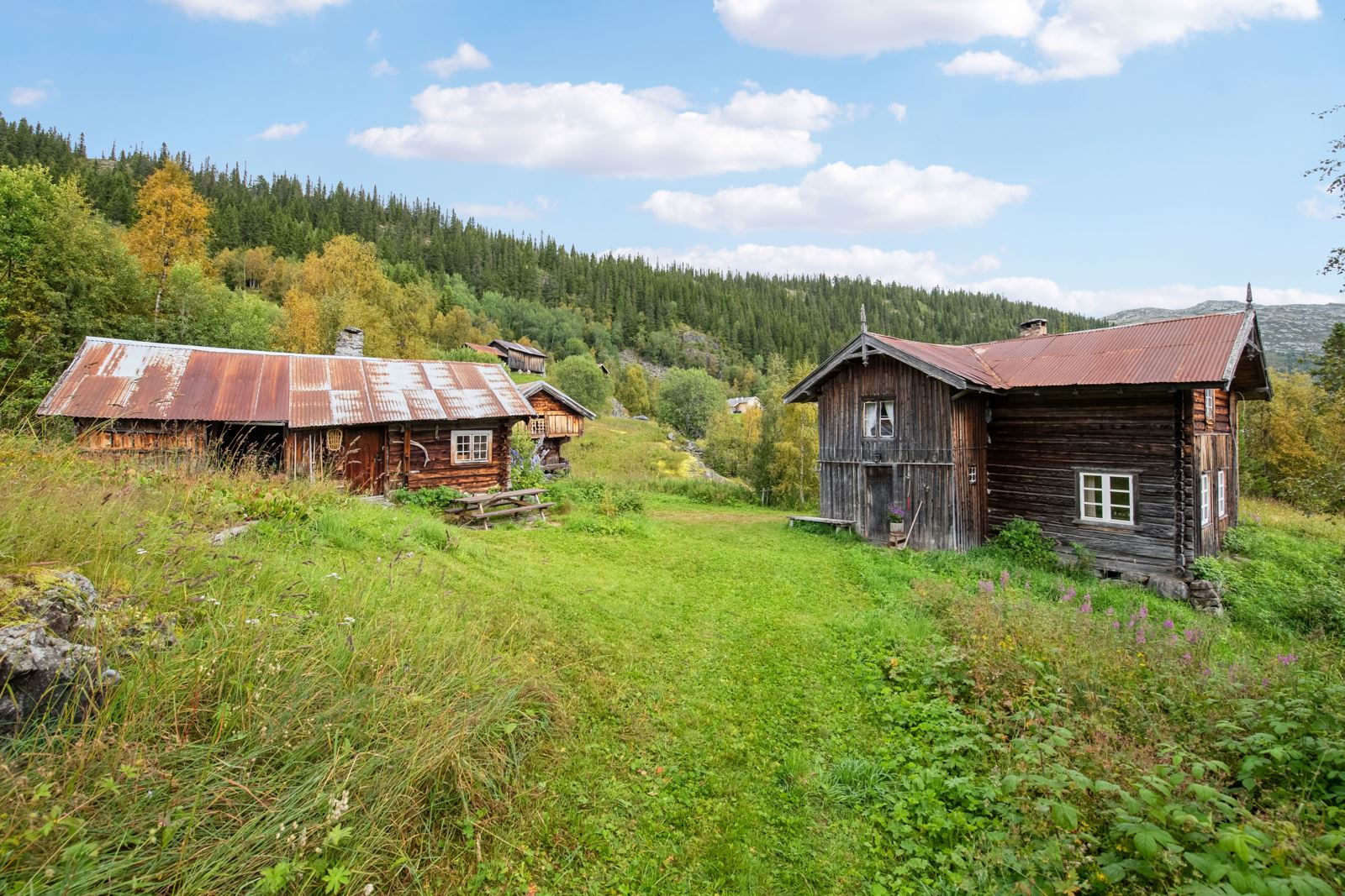 Tunet er hyggelig innrammet med bygningene og har utsikt mot Skinanvatnet