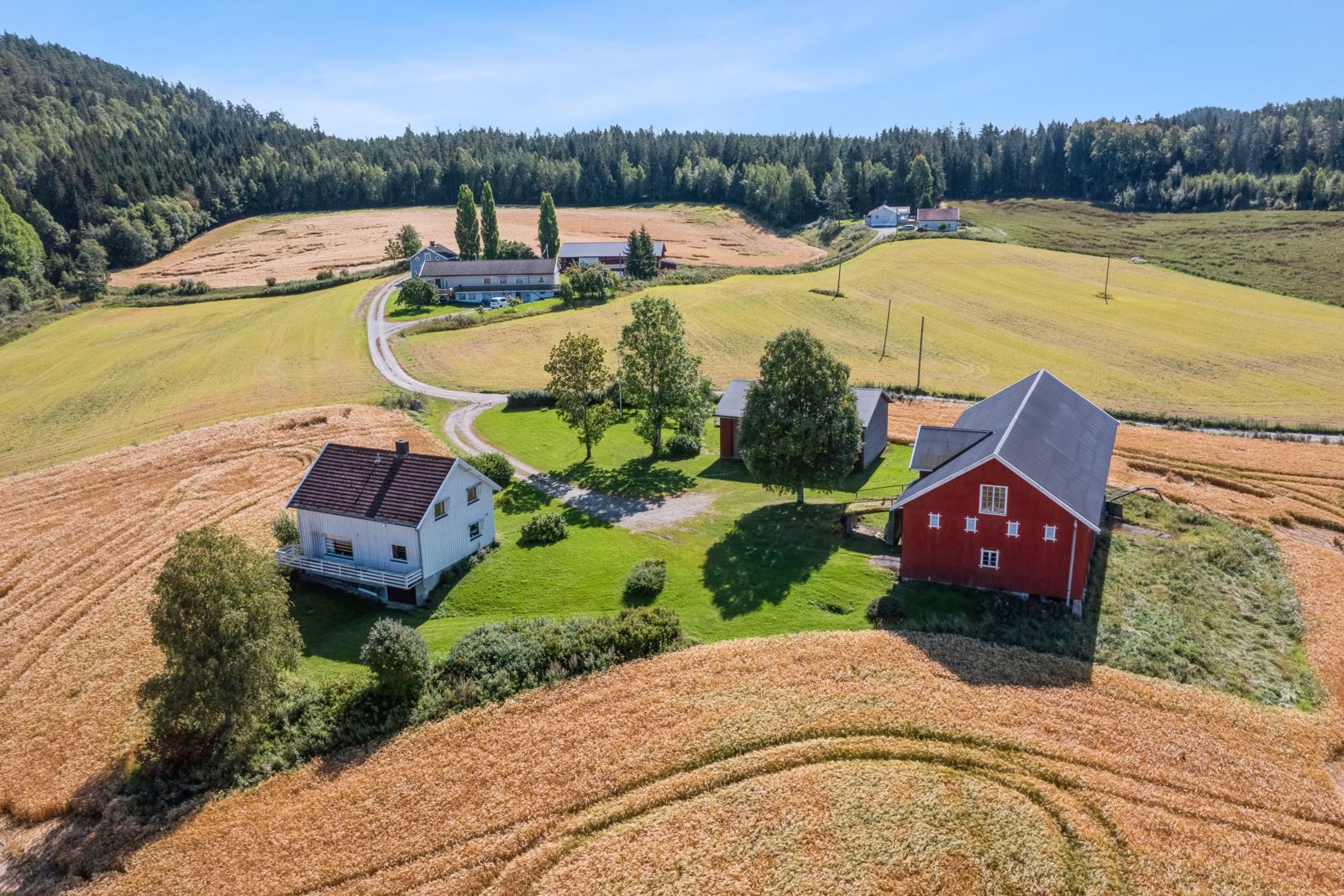 Koselig og åpent gårdstune bestående av våningshus, driftsbygning og redskapshus