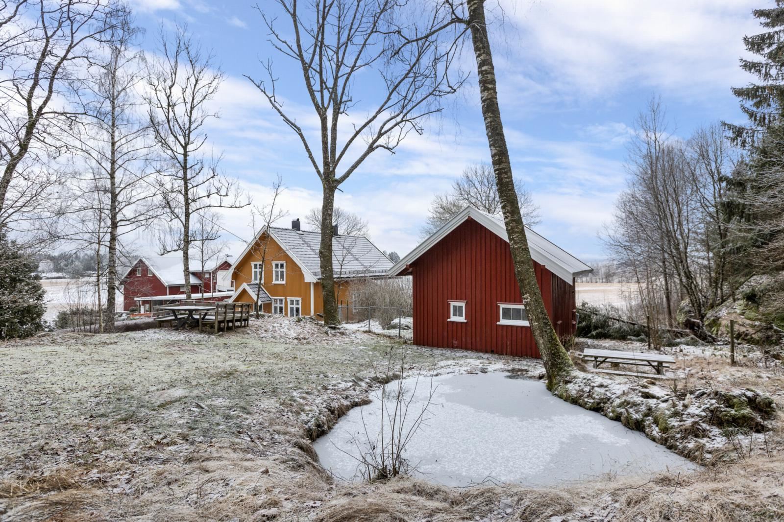 Hønsehuset med andedam i forkant