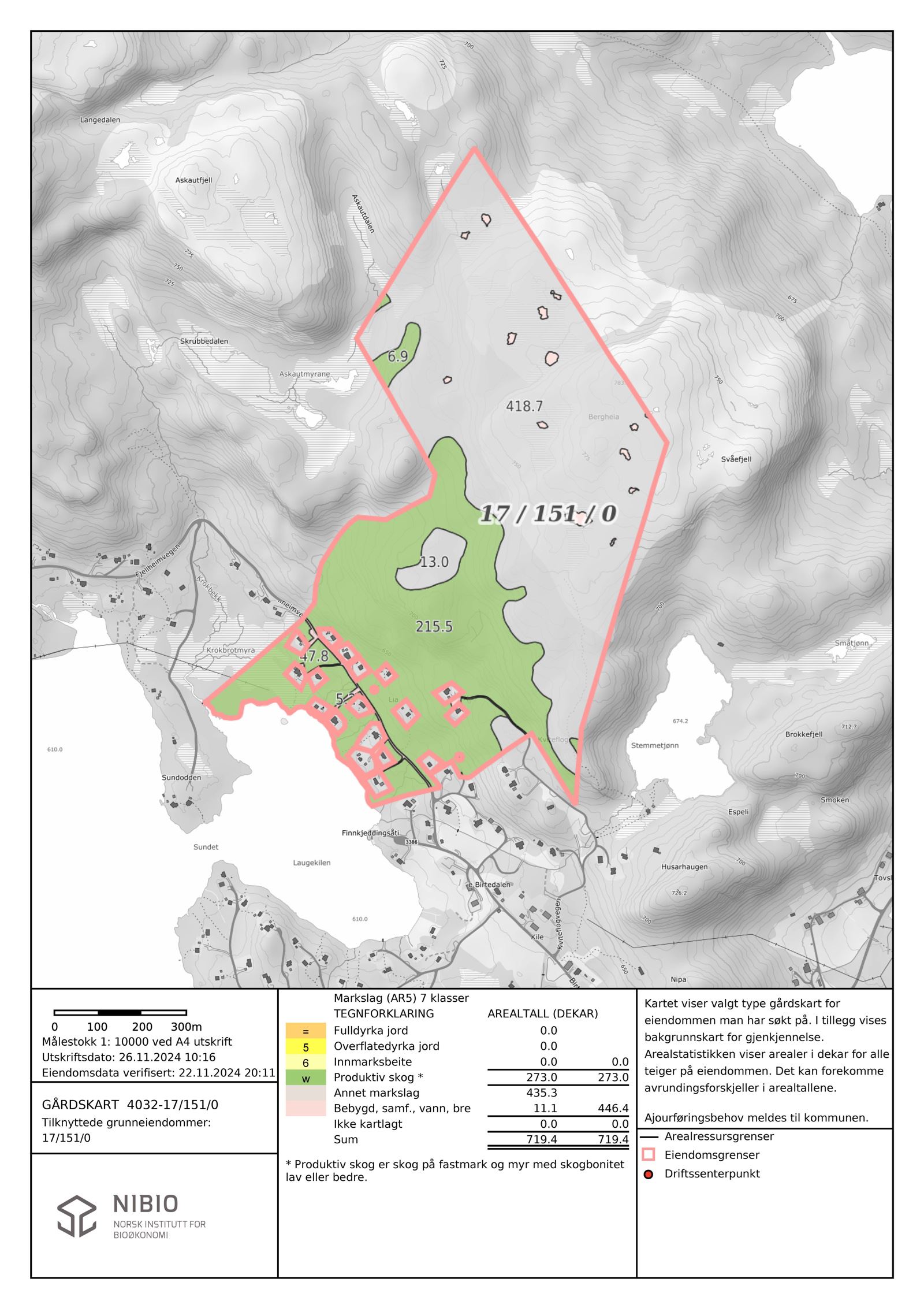 Kart over eiendommen fra NIBIO gårdskart